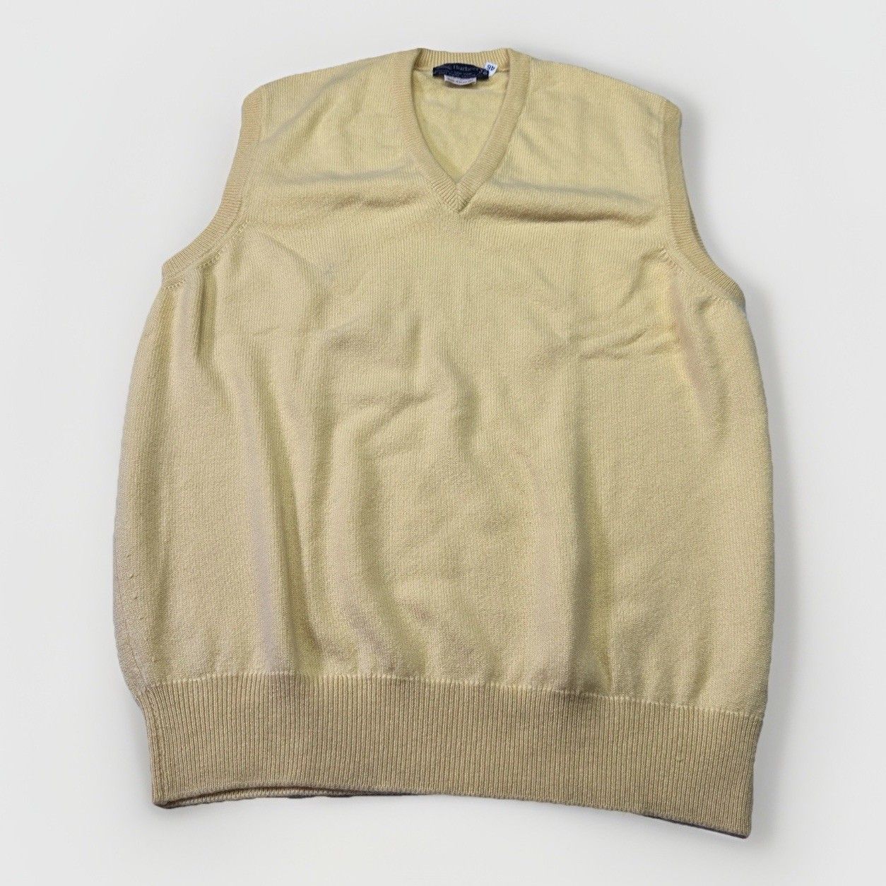 Vintage Burberry 100% Cashmere V-Neck Sweater Vest Yellow Made In Scotland Sz L